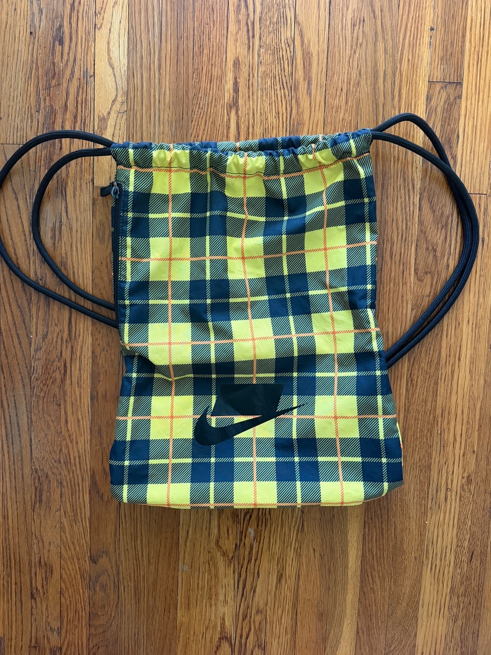 Nike Yellow and Navy Plaid Drawstring Backpack